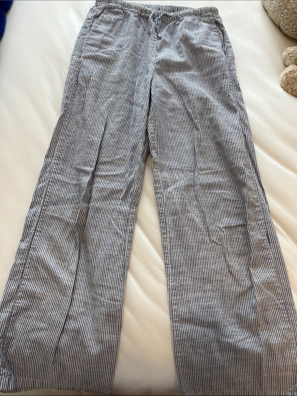 H&M Blue and White Pinstripe Drawstring Linen-Blend Pants